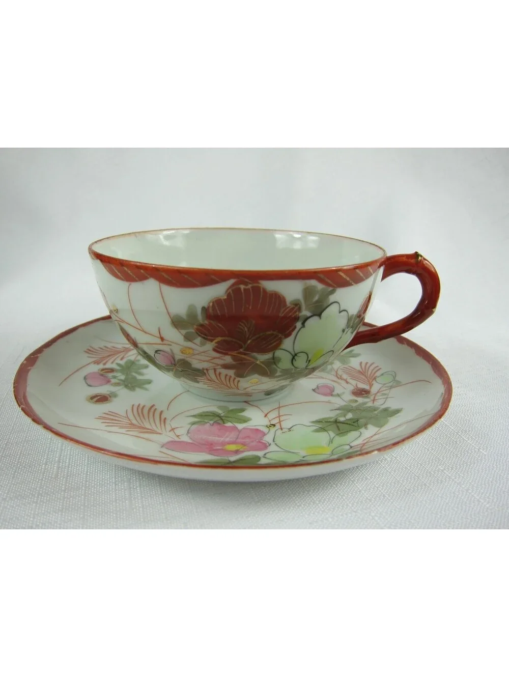 Antique Floral Red Pink Green & Gold Accent Tea Cup & Saucer Set Hand Painted